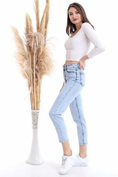 kleshus جينز أمي أزرق فاتح ليكرا عالي الخصر أزرق مغسول بالثلج