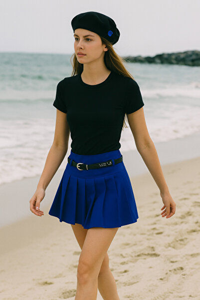 Etiket moda Kemerli Pileli Şort Etek