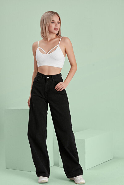 kleshus بنطلون جينز نسائي أسود من Lora بخصر عالٍ للغاية من الليكرا وواسع السا...