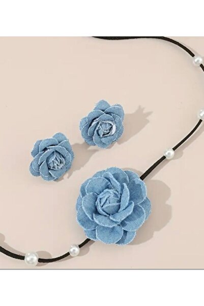 KANERUZ Bağcıklı Kot Kumaş Çiçek Choker Kot Gül Kolye Küpe Seti