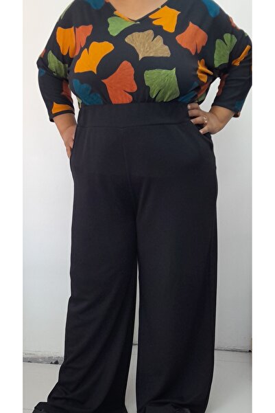 Mertcan Butik Μαύρο ελαστικό με μπούστο στη μέση ελαφρύ φαρδύ πλεκτό εποχιακό χειμωνιάτικο παντελόνι χωρίς τσέπες