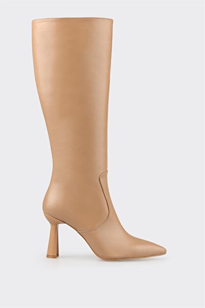 Elle Shoes Naturel Deri Kadın Topuklu Çizme