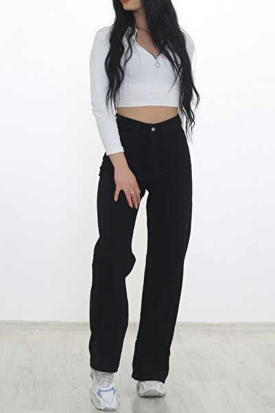 kleshus بنطلون جينز نسائي أسود ليكرا واسع الساق - جينز فضفاض