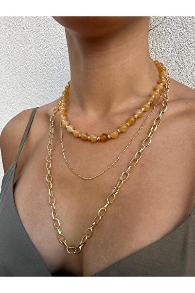 Zet Shine Kehribar renkli çoklu zincirli gold kolye