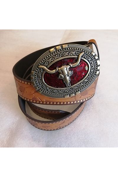 Butik Tülin Unisex Authentic Faux Leather Tan Bull Head Flower Print Bronze Red Buffalo Skull Cowboy Buckle Belt