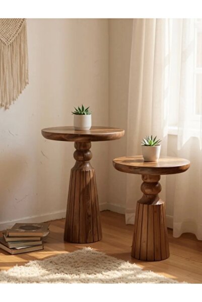 ASELYA HOME Doğal Ahşap 2’li Set Mantar Yan Sehpa Modern Fiskos Zigon Çiçeklik