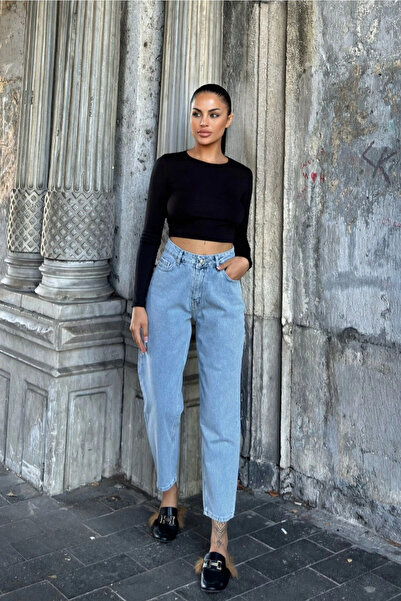 kleshus Dora Stager Nana Blue Mom Jeans ليكرا عالي الخصر أزرق ثلجي