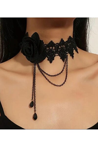 KANERUZ Siyah Dantel Gül Detaylı Gotik Gerdanlık Kolye