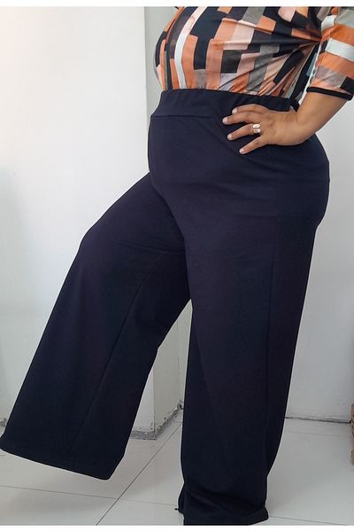 Mertcan Butik Navy Blue Summer Light Loose Wide Leg Combed Viscose Trousers with Elastic Waist Bodice