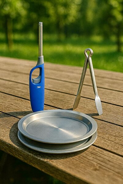 Metler 2 Adet 34 cm Künefe Tepsisi +1 Adet Uzun Çakmak+Paslanmaz Çelik Masa | Künefe Sunum ve Pişirme Seti