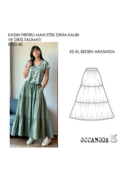 Handmade Kadın Fırfırlı Maxi Etek Kalıbı ve Dikim Talimatı KOD:48 , XS-XL