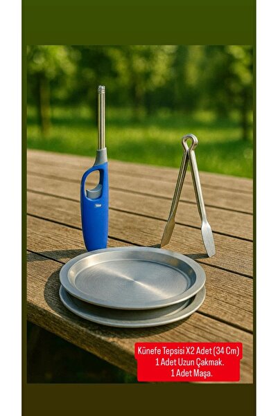Metler 2 Adet 34 cm Künefe Tepsisi +1 Adet Uzun Çakmak+Paslanmaz Çelik Masa | Künefe Sunum ve Pişirme Seti