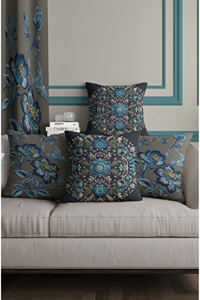 ALAMODECOR Anthracite Floor Turquoise Flower Patterned Embroidery Look Double Sided Digital Printed 4-Piece Throw Pillow Cover