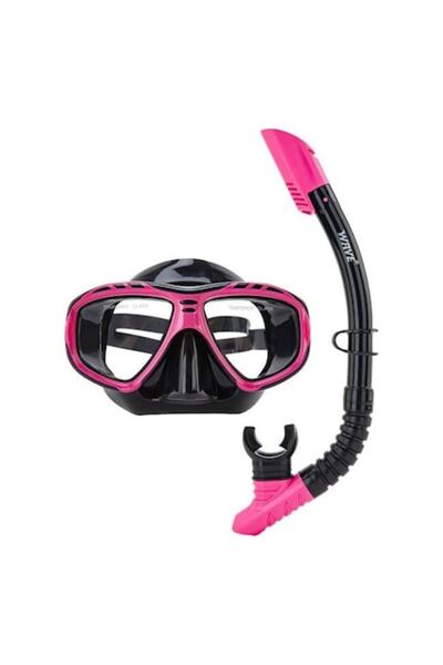 OEM Set mask and snorkel Wave, tempered glass, silicone seal, black with pink