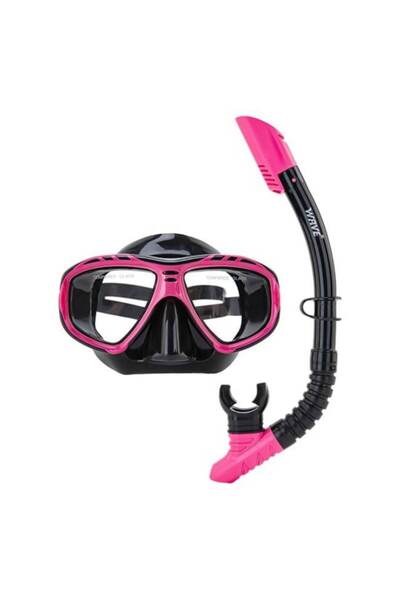 OEM Set mask and snorkel Wave, tempered glass, silicone seal, black with pink