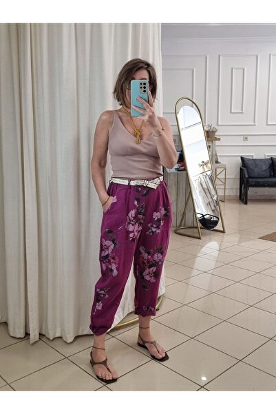 pudubutik Carrot Cut Linen Patterned Trousers Plum