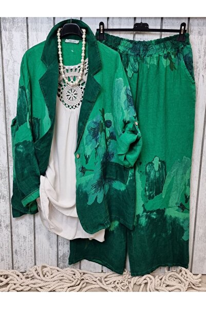 pudubutik Straight Cut Patterned Green Linen Trousers