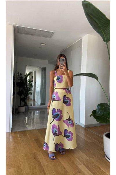 Çnru Purple Flower Printed, Hanging Bustier and Skirted Double Set
