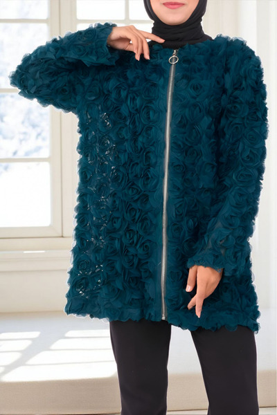 Modamorfo Tulle Cap with Rose Detail on the Front Zipper - Emerald
