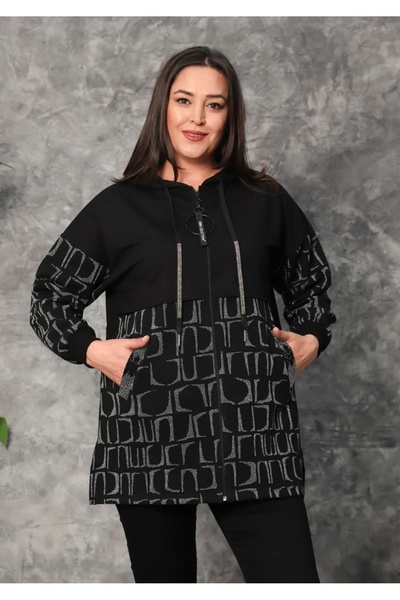 AKŞEN GİYİM Large Size Front Fabric Knitted Jacquard Zipper Closure Hooded Jacket with Side Pockets in 80 cm Length