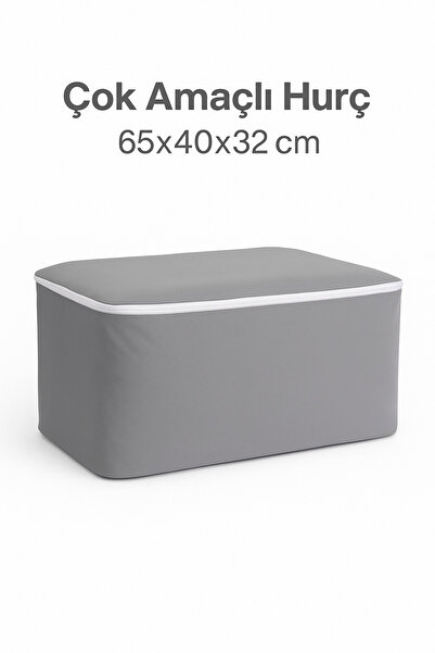 Bamer Home Tekstil Hurç Tekli 65x40x32 cm Gri – Kıyafet & Yastık Saklama, Çift Fermuarlı