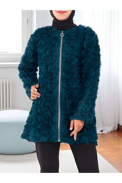 Modamorfo Tulle Cap with Rose Detail on the Front Zipper - Emerald