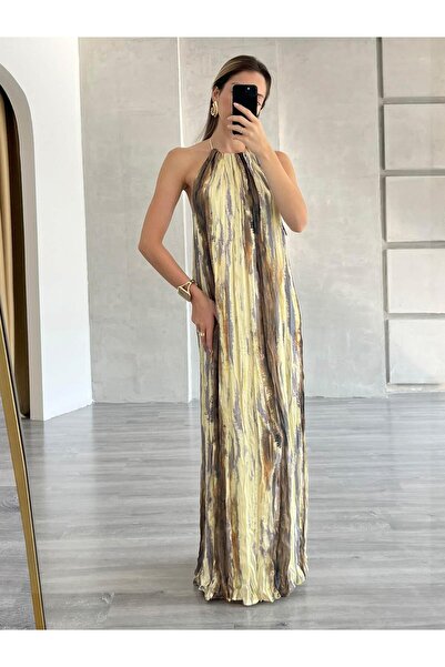 Coral Batik Desenli Sırtı Açık Elbise Sarı