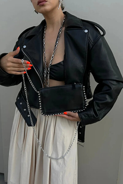 Rivina Geantă de umăr și de mână pentru femei Luna cu curea neagră cu lanț