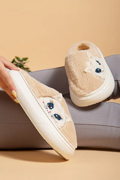 uway Women's Kitten Patterned Plush Soft Lightweight Soundproof Non-Slip Eva Sole Winter Indoor Slippers