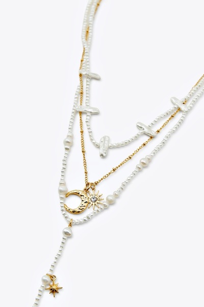 mos&more Brand Necklace, Stylish Women's Necklace with Pearl Moon and Sun Charm