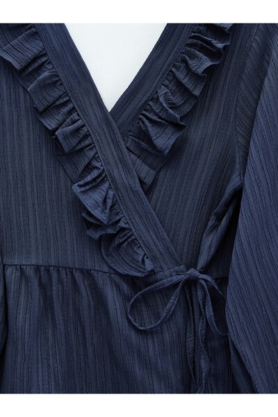Modamorfo Kimono Set with Ruffled Collar and Tie Front Skirt - Navy
