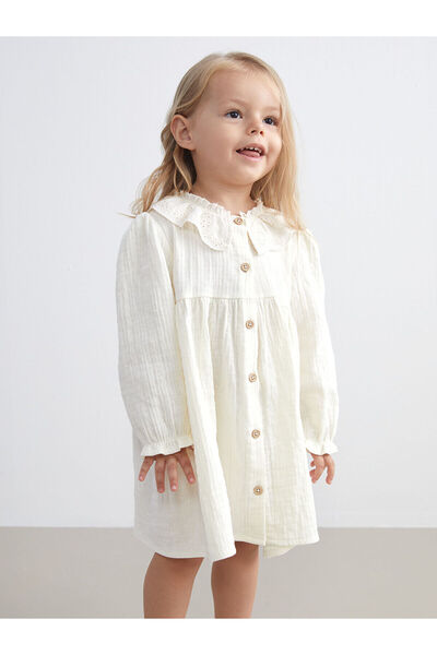 LC Waikiki New Season Baby Collar Textured Baby Girl Muslin Shirt Dress