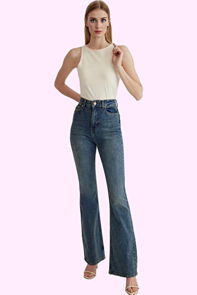 PayBuy Kadın Moda Yüksek Bel İspanyol Paça Jean Düz Desen Günlük Kombinler Hafta Sonu Kaliteli Malzeme