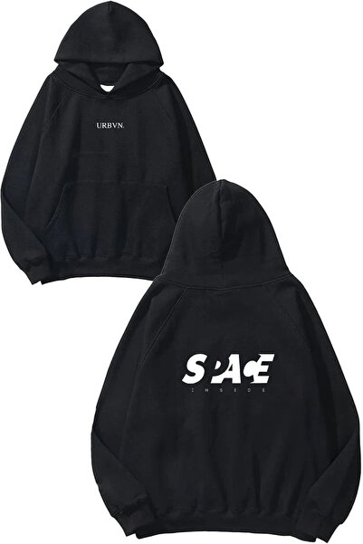 urbvn سويت شيرت بقلنسوة أسود كبير الحجم مطبوع بتصميم داخلي