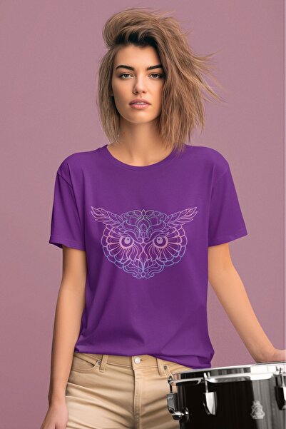 ArtYus KIZ/KADIN RENKLİ BAYKUŞ1 TRANSFER BASKILI YUVARLAK YAKA KISA KOL TİŞÖRT