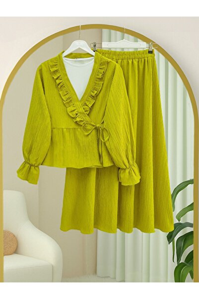 Modamorfo Kimono Set with Ruffled Collar and Tie Front Skirt - Fat Green