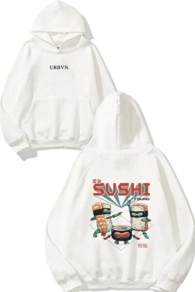 urbvn سويت شيرت أبيض كبير الحجم مطبوع بتصميم السوشي