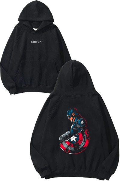 urbvn Captain America Design Printed Oversize Black Hooded Sweatshirt