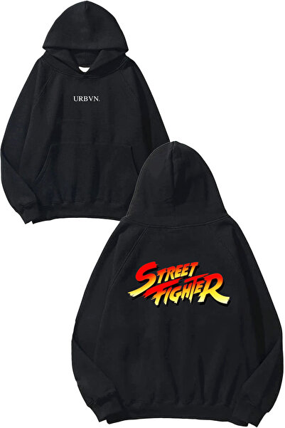 urbvn Φούτερ με στάμπα Street Fighter σε μεγάλο μέγεθος, μαύρο, με κουκούλα