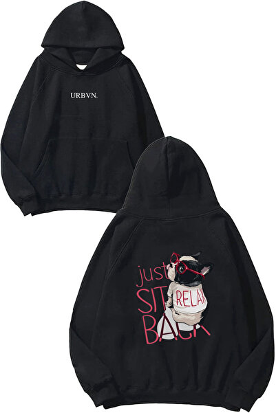 urbvn سويت شيرت بقلنسوة أسود كبير الحجم مطبوع بتصميم فرينشي 1