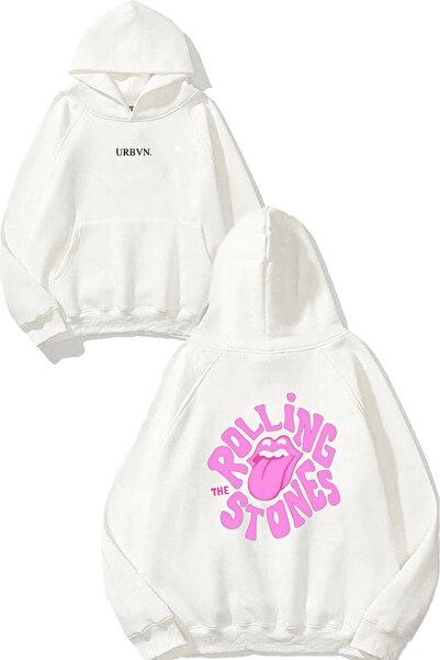urbvn سويت شيرت أبيض كبير الحجم مطبوع بتصميم رولينج ستونز