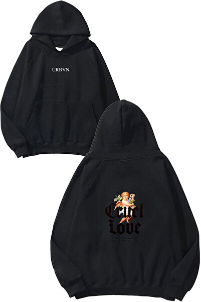 urbvn سويت شيرت بقلنسوة أسود كبير الحجم مطبوع بتصميم قاسي