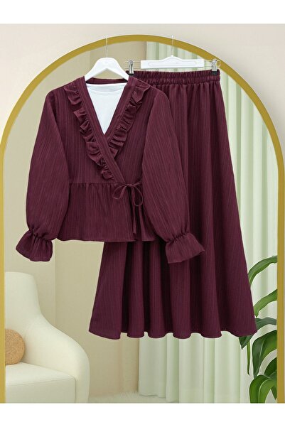 Modamorfo Kimono Set with Ruffled Collar and Tie Front Skirt - Burgundy