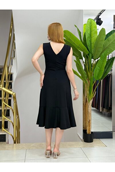 JANES Kadın Sıfır Kollu Belden Büzgülü Eteği Volanlı Asimetrik Kesim Midi Jan...