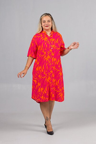 Truva XXL Women's Patterned Judge Collar Woven Viscose Shirt Dress – Comfortable and Stylish Design