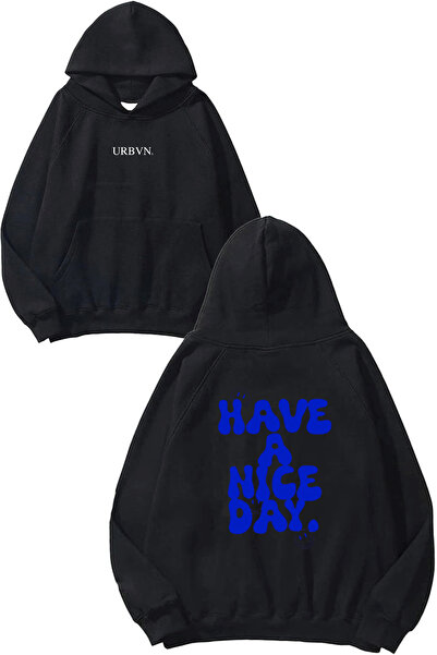 urbvn Have a Nice Day Design Printed Oversize Black Hooded Sweatshirt
