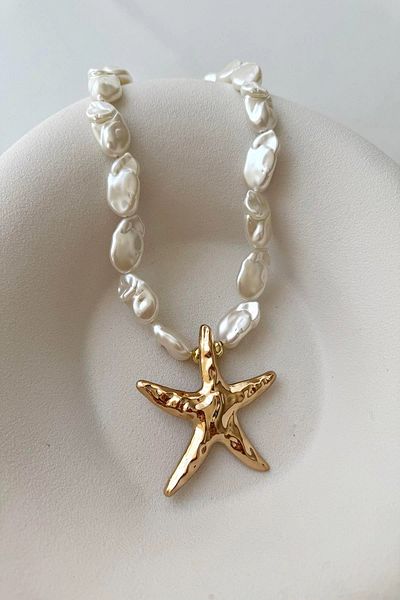mos&more White Pearl Starfish Elegant Beach Necklace