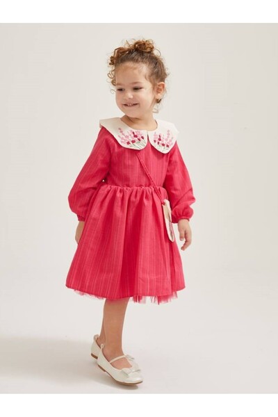 Pinkitokids Girl's Dress with Embroidered Collar and Bag