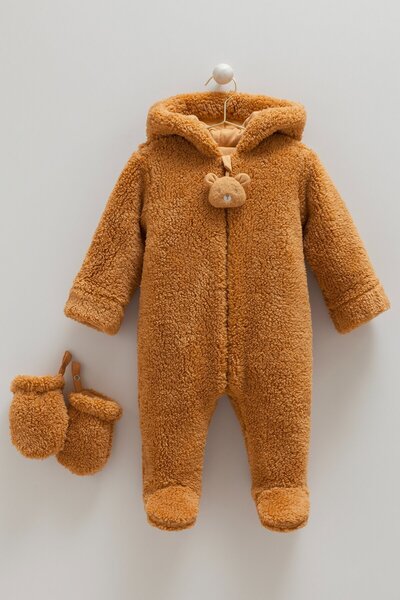 Caramell 01-12 Month Size Range Wi̇nter Star Plush Jumpsuit with Gloves - Brown