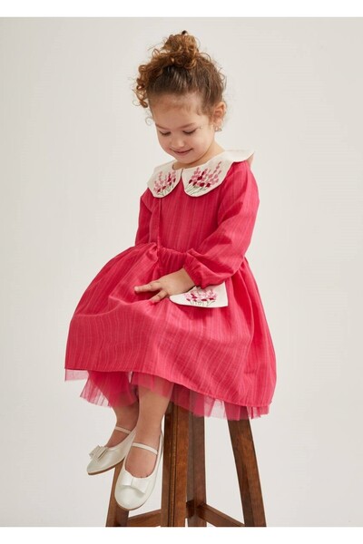 Pinkitokids Yakası Nakışlı Çantalı Kız Çocuk Elbisesi
